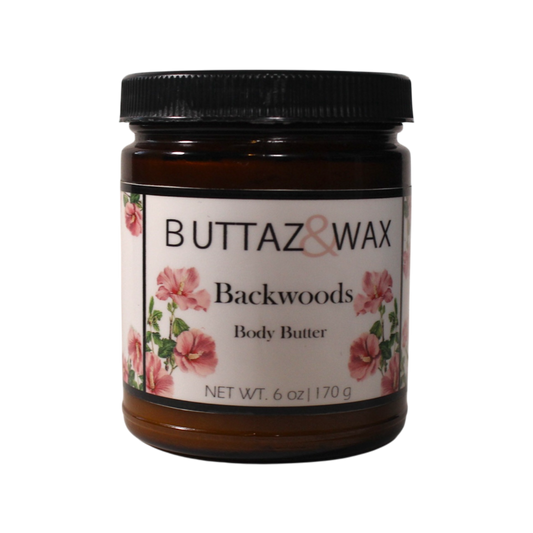 Picture of our backwoods body butter bottle, it’s scented with pine scent